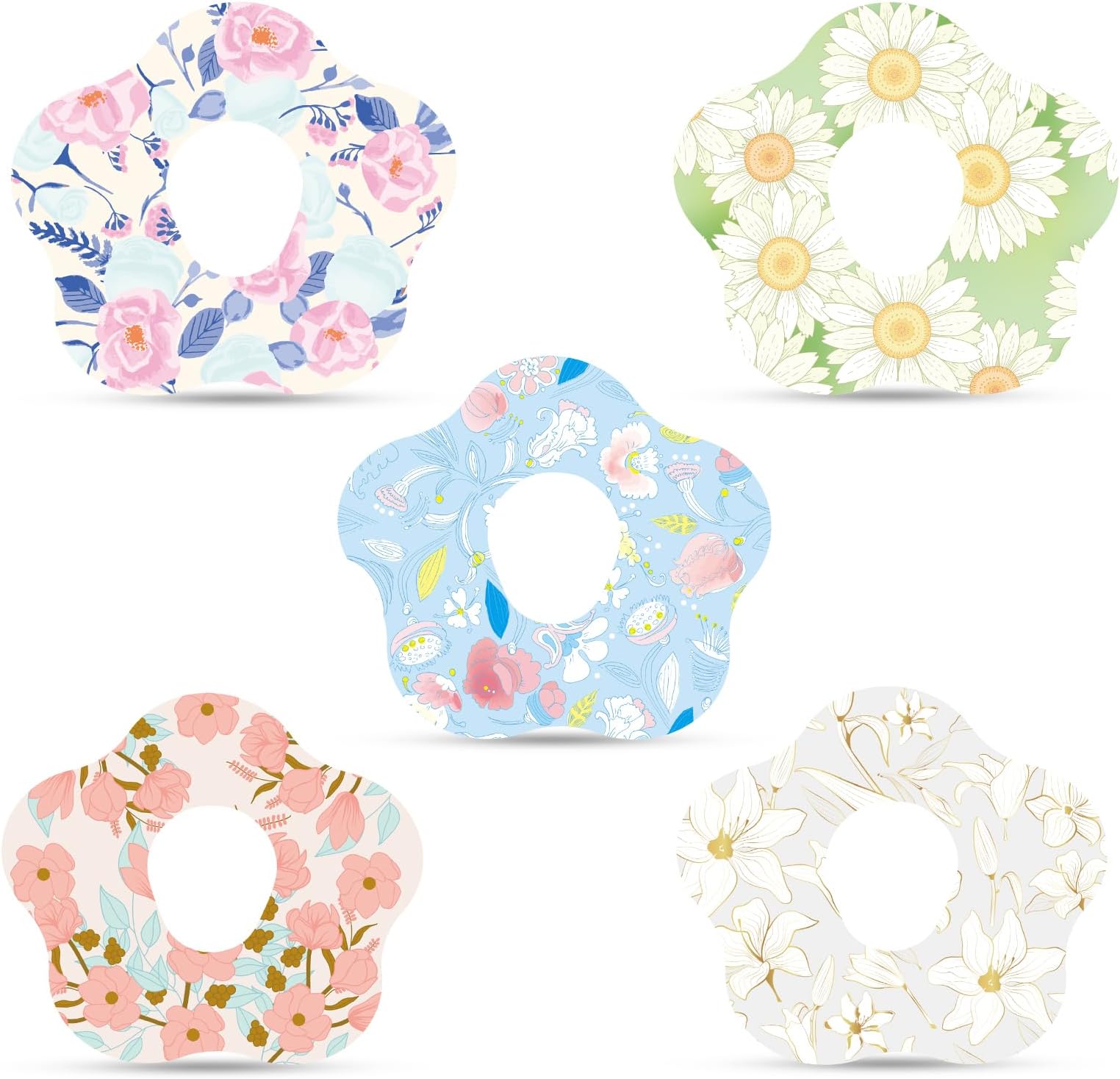 25pcs Adhesive Patches for Dexcom G7, Waterproof CGM Over Patch with Hole, Sensor Monitor Covers Breathable, Flower Medical Tape Sticker for Dexcom Accessories(5 Styles)