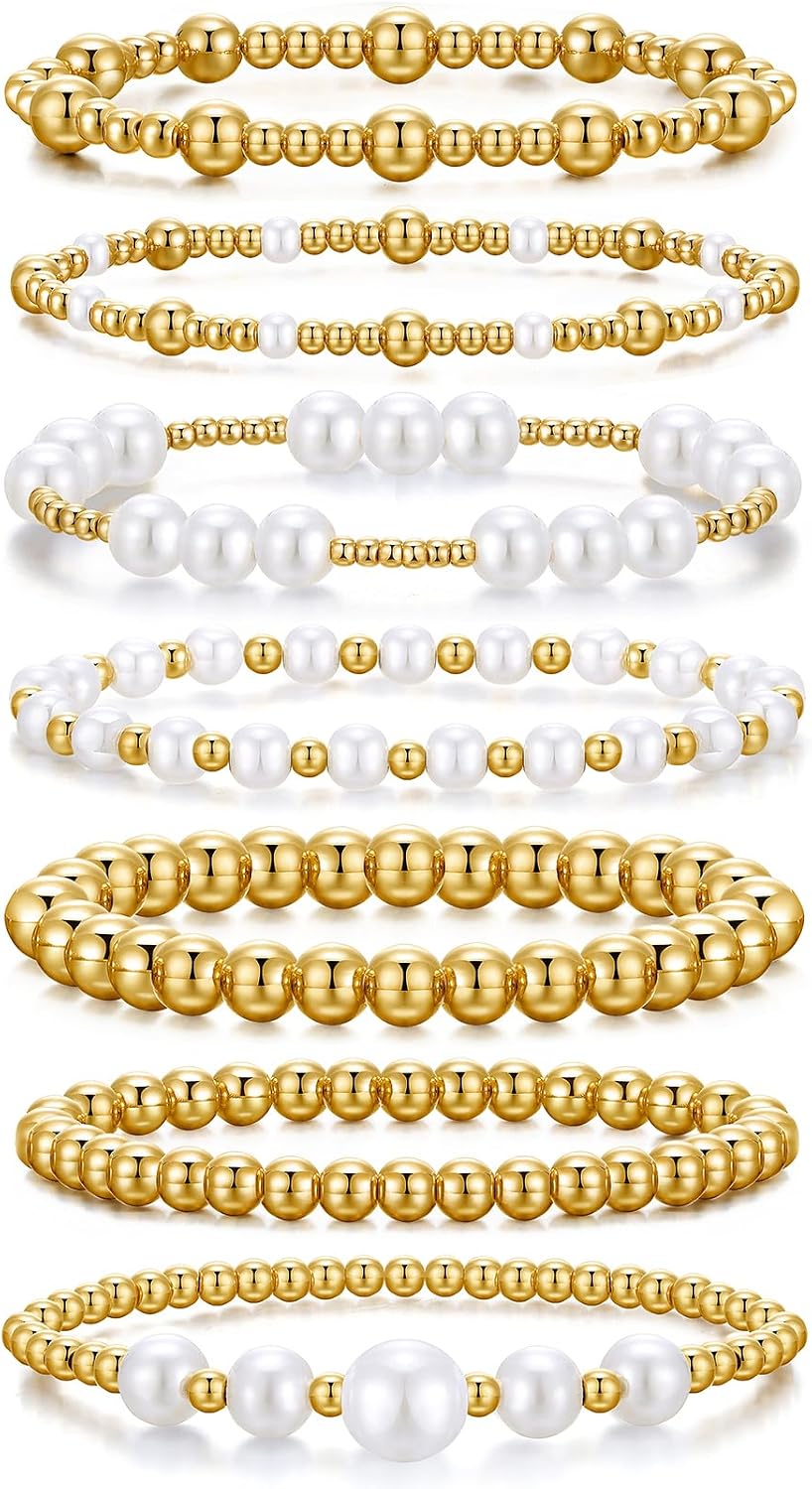 KISSWIFE Gold Beaded Pearl Stretch Bracelet Set for Women - 7-Piece Stackable Elastic Jewelry, Adjustable Comfort Fit Gift