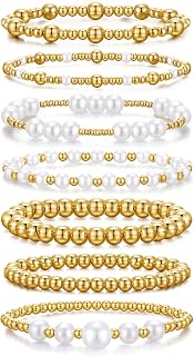 KISSWIFE Gold Beaded Pearl Stretch Bracelet Set for Women - 7-Piece Stackable Elastic Jewelry, Adjustable Comfort Fit Gift