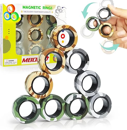 Paquete de 9 anillos magnéticos para ansiedad, dedos magnéticos para aliviar el estrés, entrenamiento mágico de camuflaje colorido alivia la