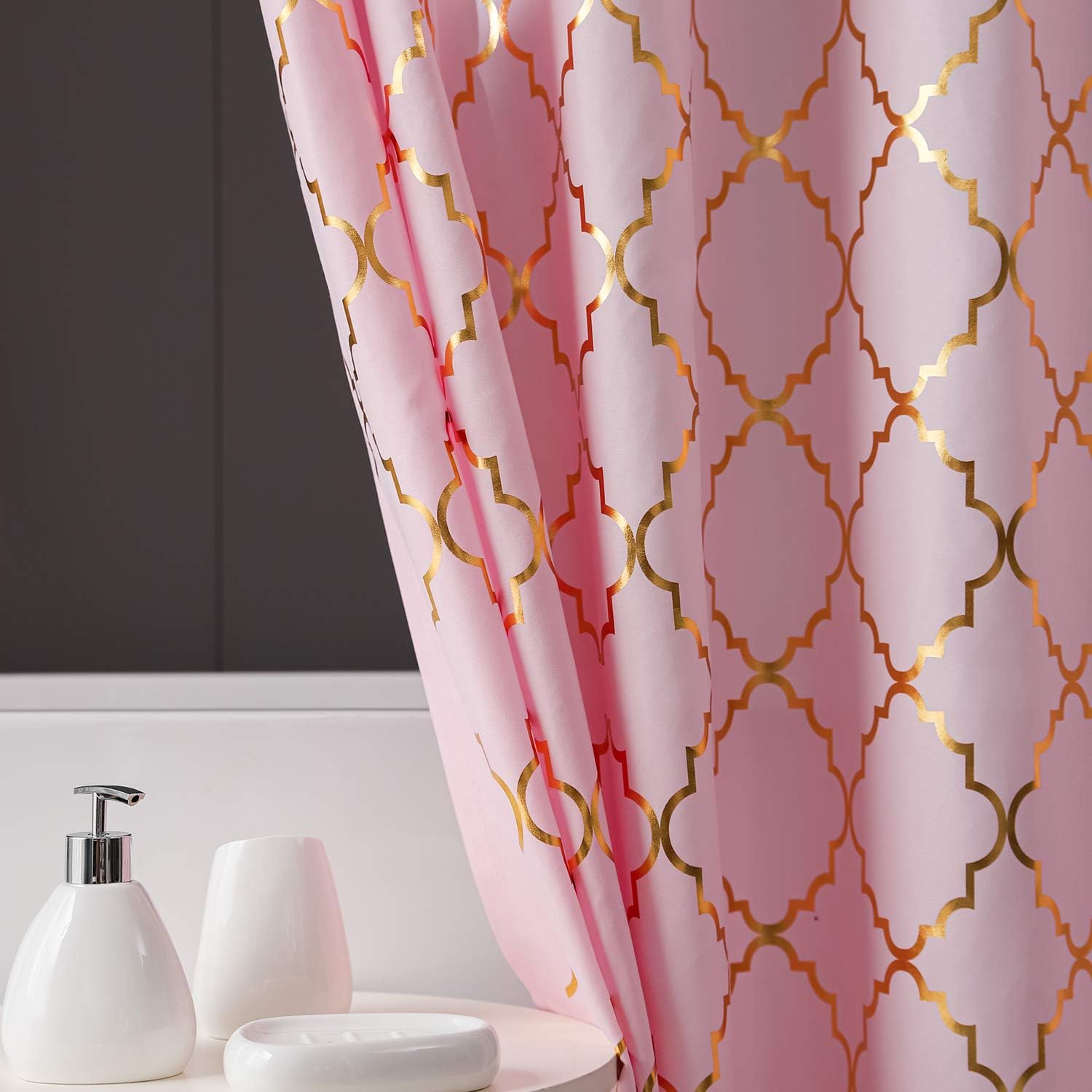 FINECITY Geometric Shower Curtain Set - Metallic Gold Foil Moroccan Lattice Pattern Printed on Soft Fabric Grommet Top Shower Curtain with 12 Hooks, 72 x 72 Inch, Pink and Gold
