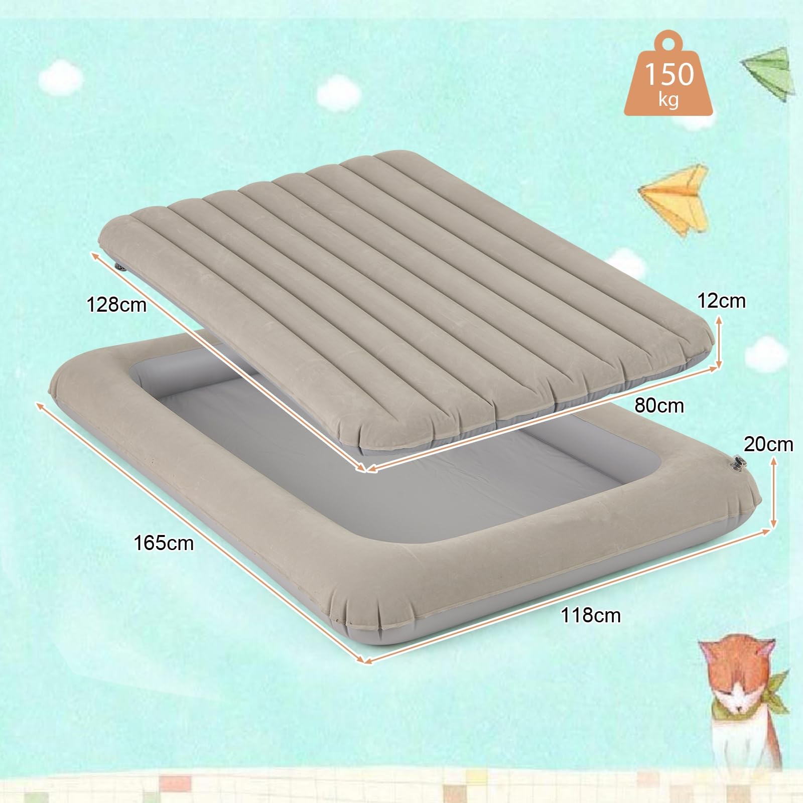 LIFEZEAL Materassino Gonfiabile per Bambini, Materasso Floccato, Lettino, Portabile, Parco di Gioco, Staccabile, con Tasca, Pompa Elettrica, Kit di Riparazione, Max 150 kg, 165x118x20 cm (grigio)