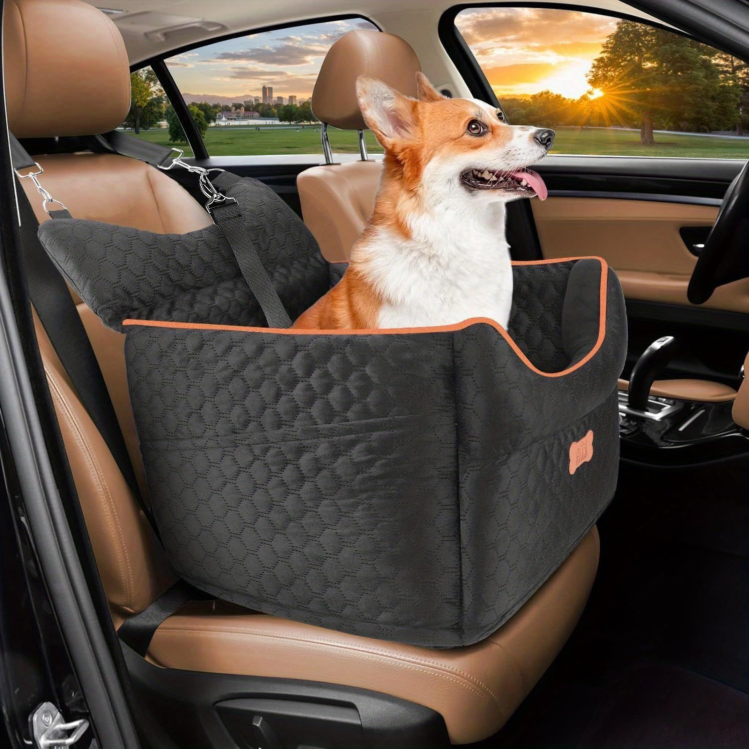 Dog Car Seat for Small Dogs Up to 25 lbs with 6-Inch Memory Foam Cushion, Elevated Booster Seat with Safety Belts, Storage Pockets and Removable Washable Cover for Front or Back Seats, Black