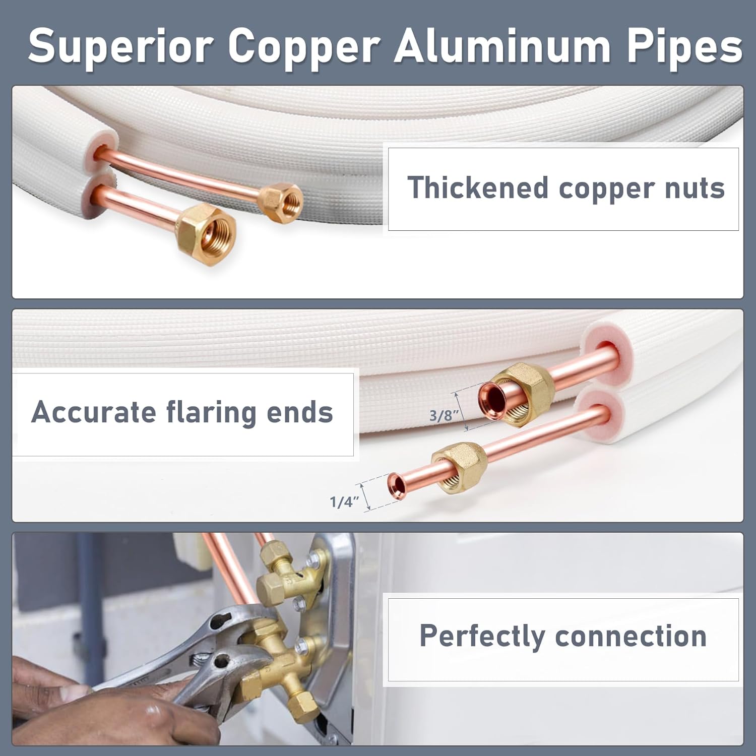 Flamorrow 33Ft. Mini Split Line Set, 1/4" & 3/8" O.D. Dual Copper Aluminum Pipes, 3/8" Thickened PE Insulated Copper Aluminum Line Set for Heat Pump System and Mini Split Air Conditioner HVAC