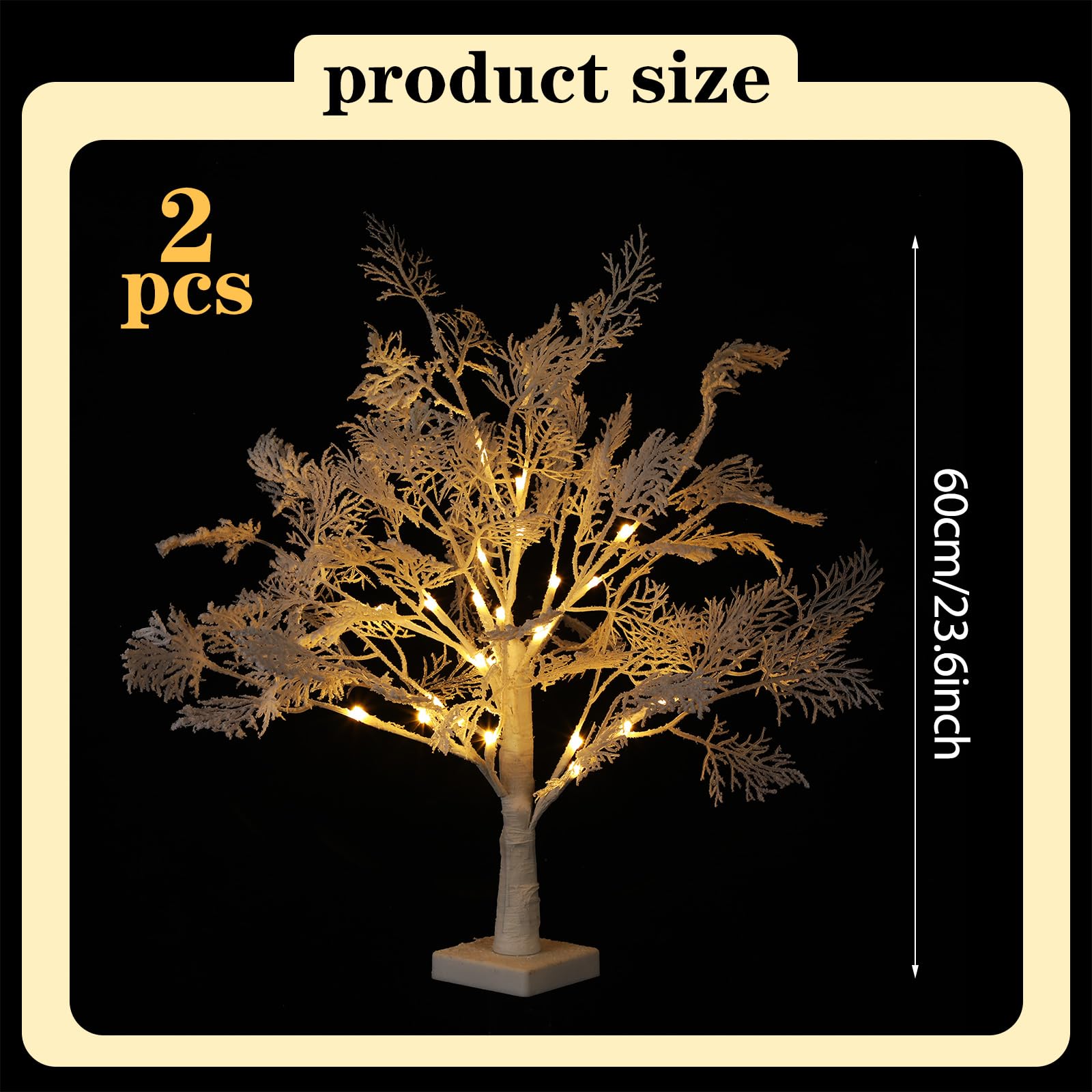 Lot de 2 sapins de Noël de table avec lumières DEL de 61 cm – Mini sapins floqués de neige blancs artificiels éclairés par piles – Décoration USB pour table d'intérieur, cheminée, décoration