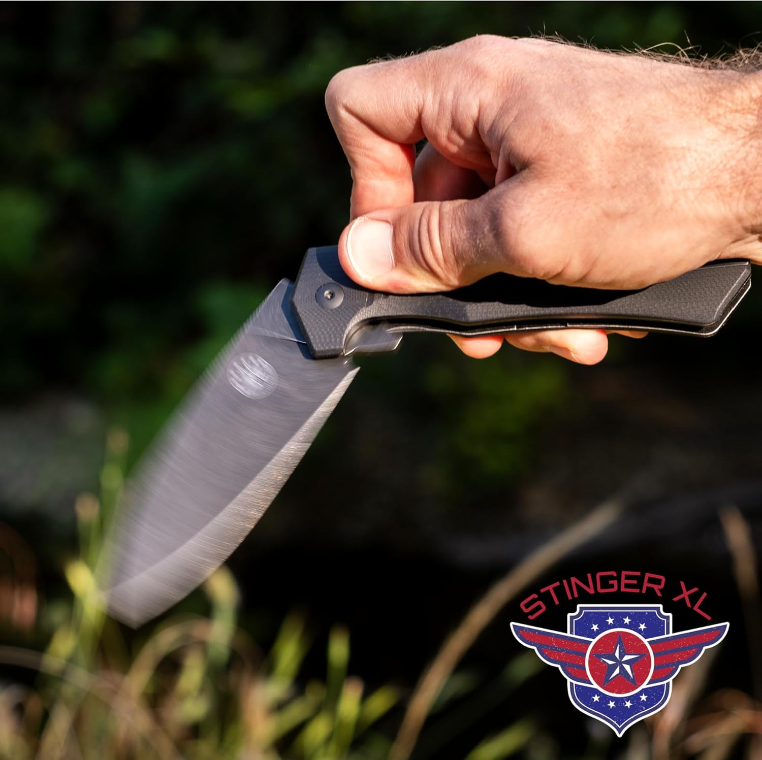 Off-Grid Knives - STINGER XL Folding Knife, 154CM Steel, Full Flat Grind, G10 Scales, Ceramic Bearings, Drop-Shut Action, Deep Pocket Clip, Left or Right Hand Carry, Camping & Tactical Use (Blackout)