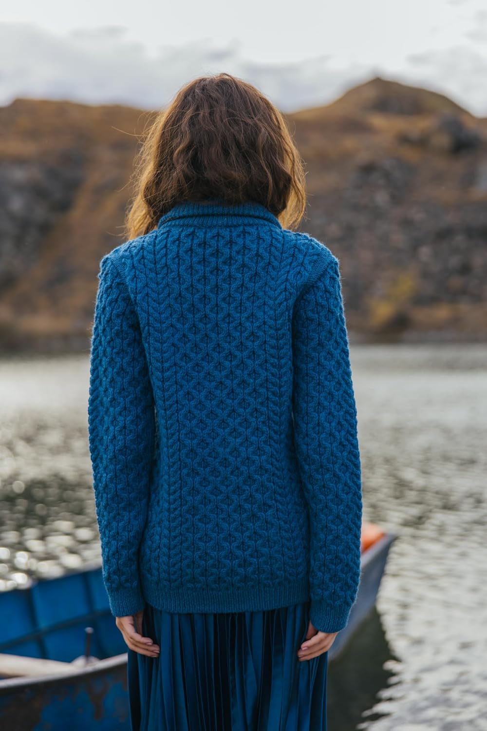 SAOL 100% Merino Wool Irish Cable Knit Zip Bomber Jacket with Pockets for Ladies