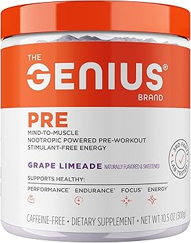 Genius Pre Caffeine-Free Pre Workout Boosted Energy, Focus, Performance Nootropic Formula AlphaSize, Citrulline Malate, CarnoSyn Beta Alanine Endurance, Stamina, Recovery, 20 Servings - Grape Limeade