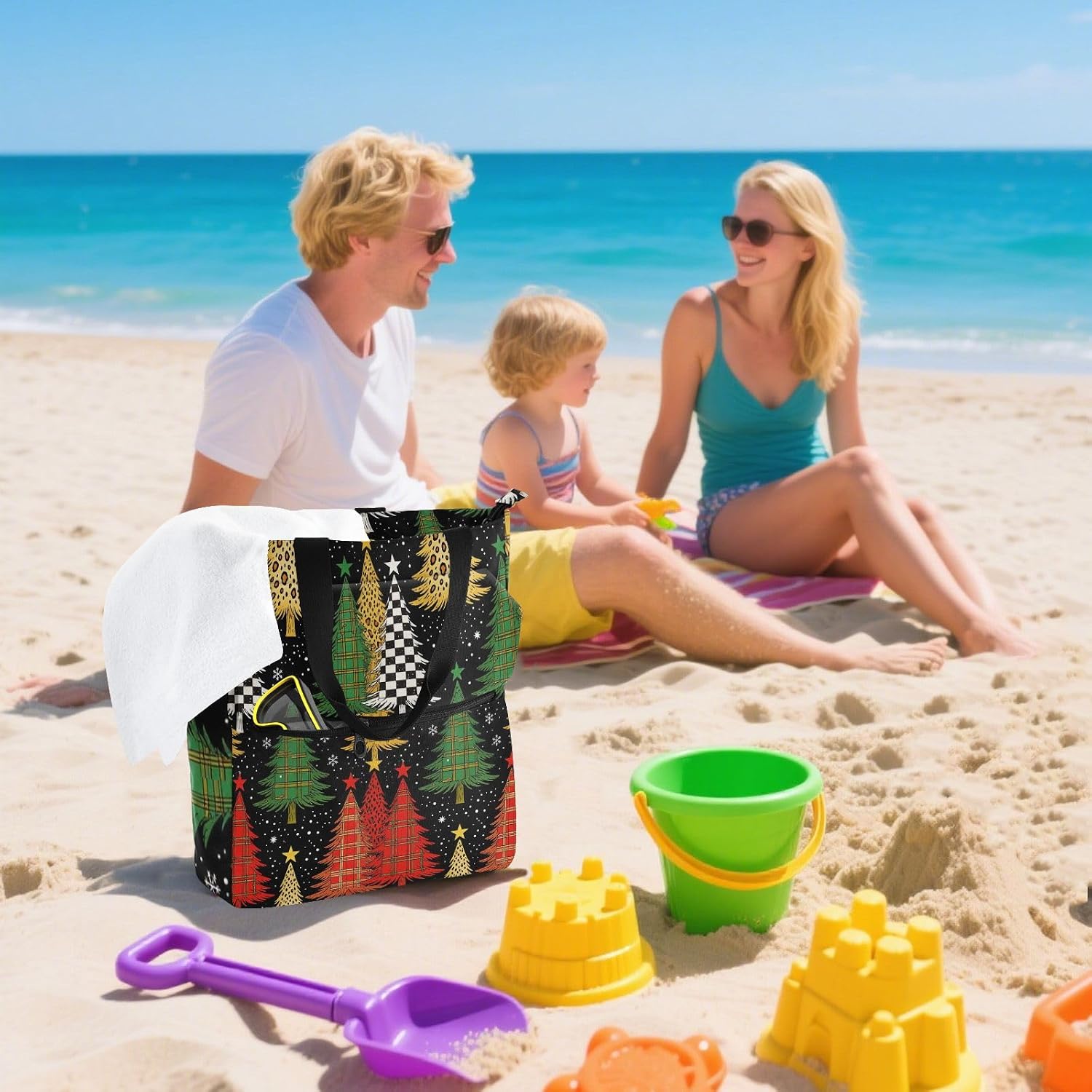 decorative Books Tote Bags for Boys Girls Adults Merry Christmas Trees Buffalo Leopard Sturdy School Beach Bag with Zipper for College Shopping Beach