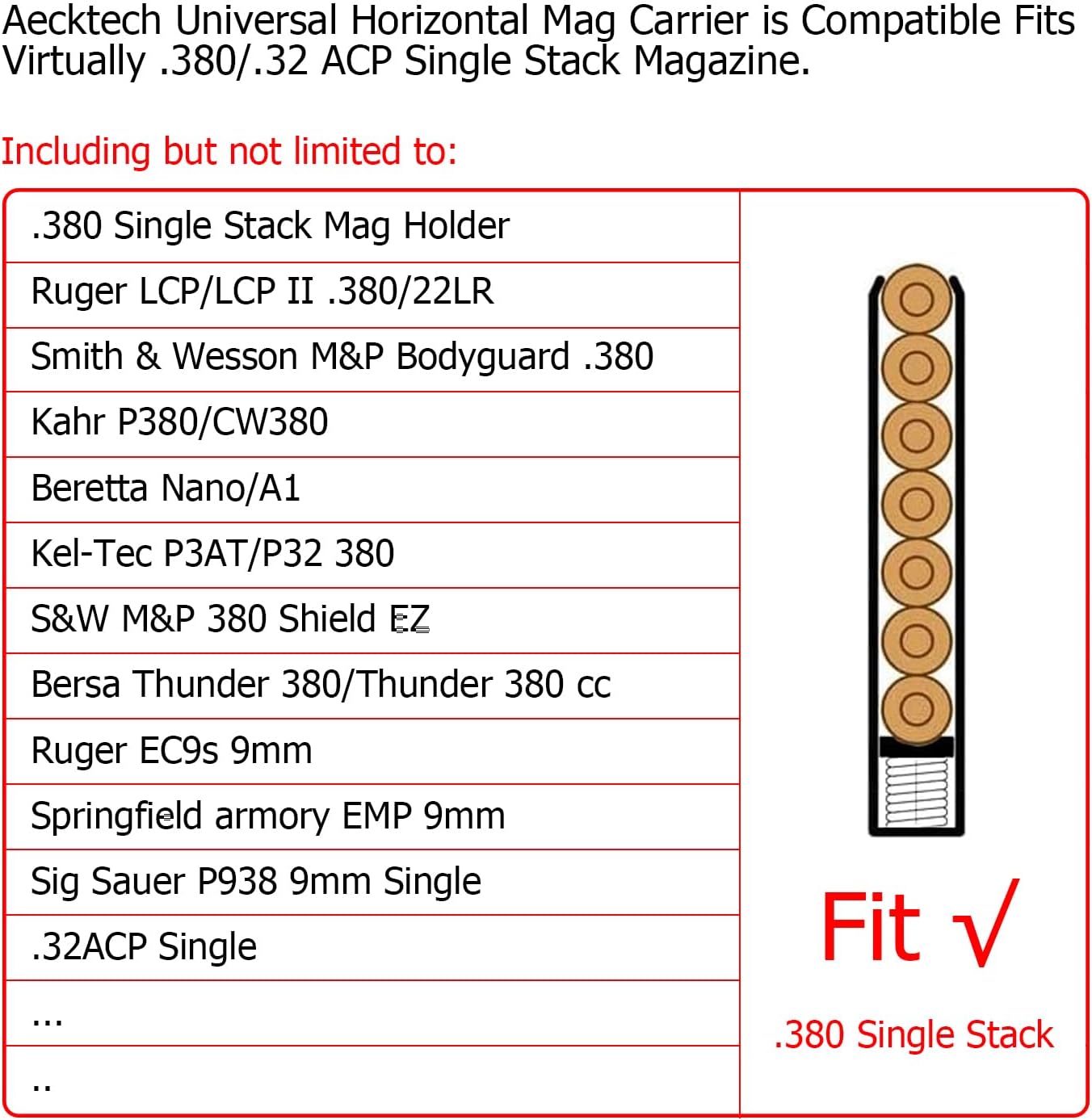 2 Pack Universal Horizontal Mag Carrier OWB Carry Magazine Holster for .380 ACP/.32ACP Single Stack,for Right & Left Hand Ambidextrous Concealed Carry - Image 4
