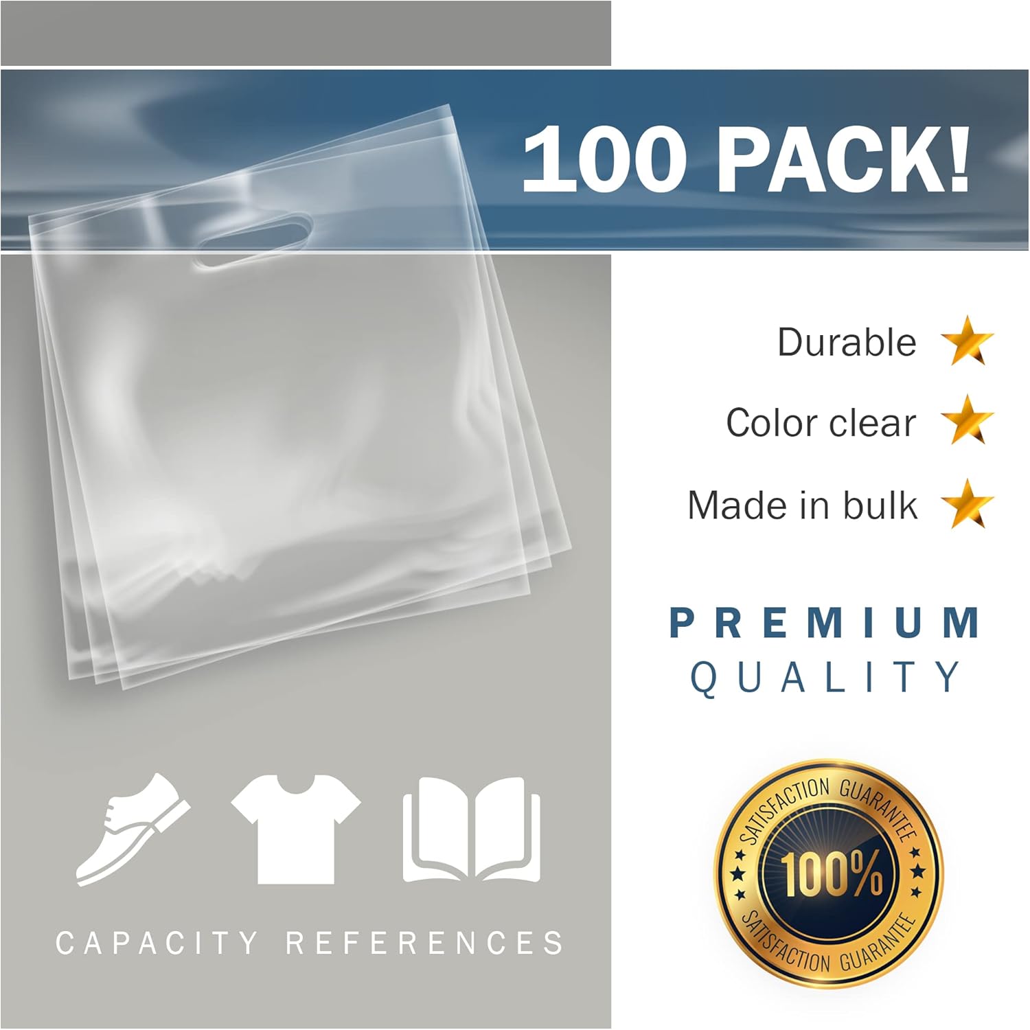 16x16 Clear Plastic Merchandise Bags, Glossy Finish, Large Retail Size, 100 Pack, 2 Mil Thick, with Die-Cut Handles by PPB