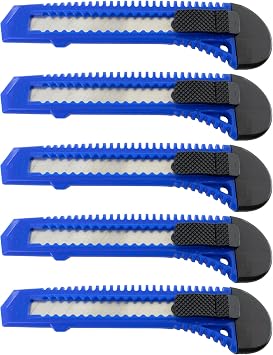 BULK Retractable Utility Knife 5 Pack 6 Inch Manual Lock Snap off Blade Large Size Plastic Body 8 Points Snap Blade Heavy Duty Stainless Steel Blade BLUE