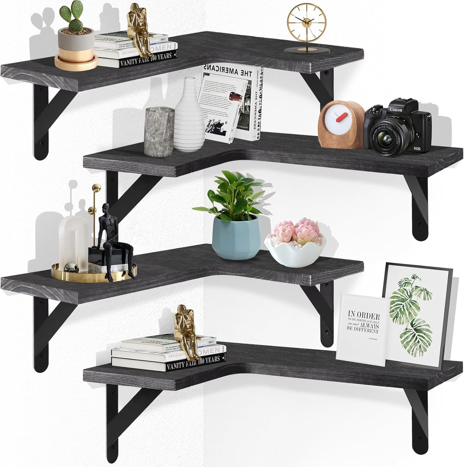 COSBAY Corner Floating Shelves Set of 4,Wall Mounted Wood