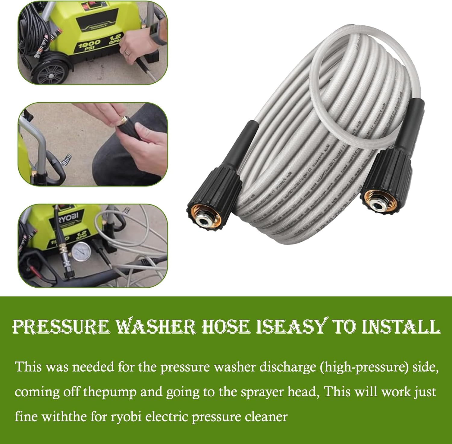 Pressure Washer Hose Replacement for Ryobi RY141600/RY141612/RY141812G | High Pressure 308835074 Fit Electric Power Washers | 3-Layer Steel-Braided AU Water Grade