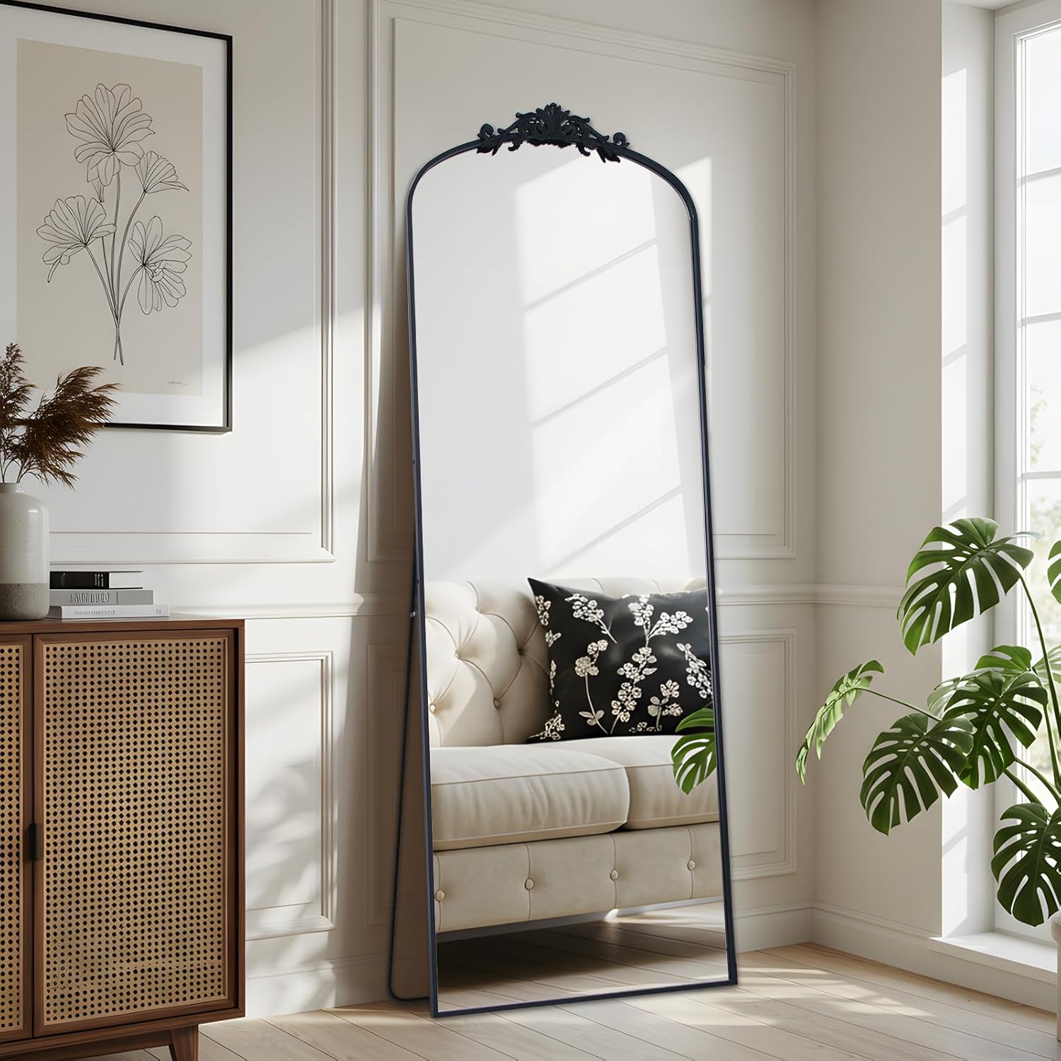 Filigree Floor Mirror 64"x21" Full Length Mirror Freestanding with Vintage Ornate Carved Applique Full Body Hanging Wall Mounted Mirror for Living Room Bedroom Retro Home Decor, Black