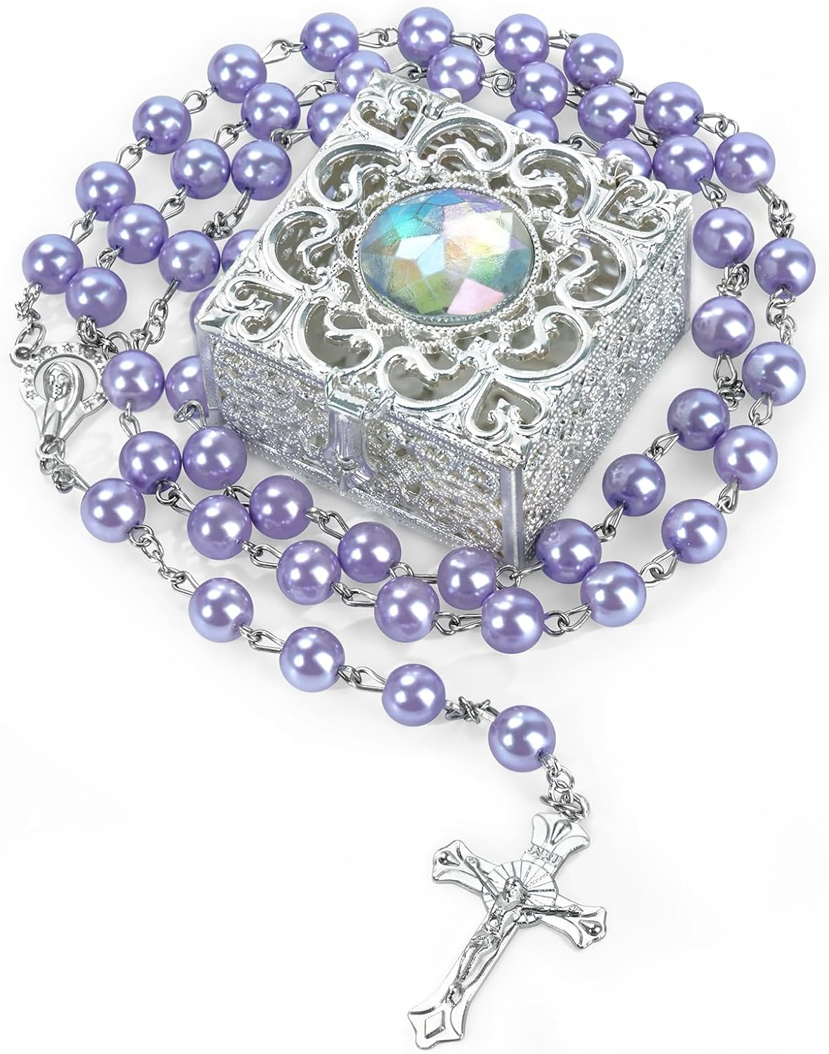 8mm Rosary Beads Necklace, Rosary Beads Catholic for Men and Women Comes in a Metal Gift Box, First Communion Rosaries Necklace as Gifts(Purple)