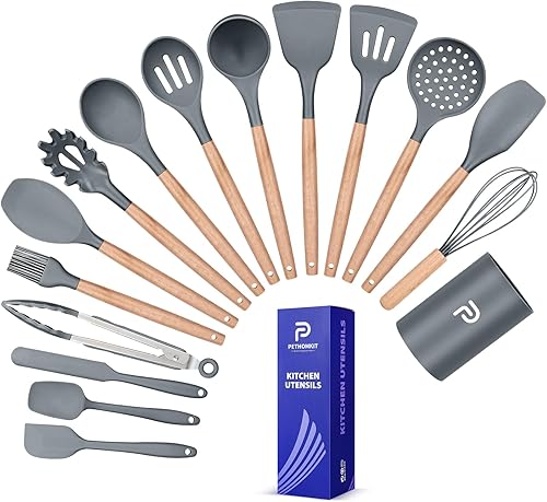 Miniatura 1 de Juego de utensilios de cocina, 16 piezas de utensilios de cocina de silicona con soporte, mango de madera antiadherente, espátula de silicona,