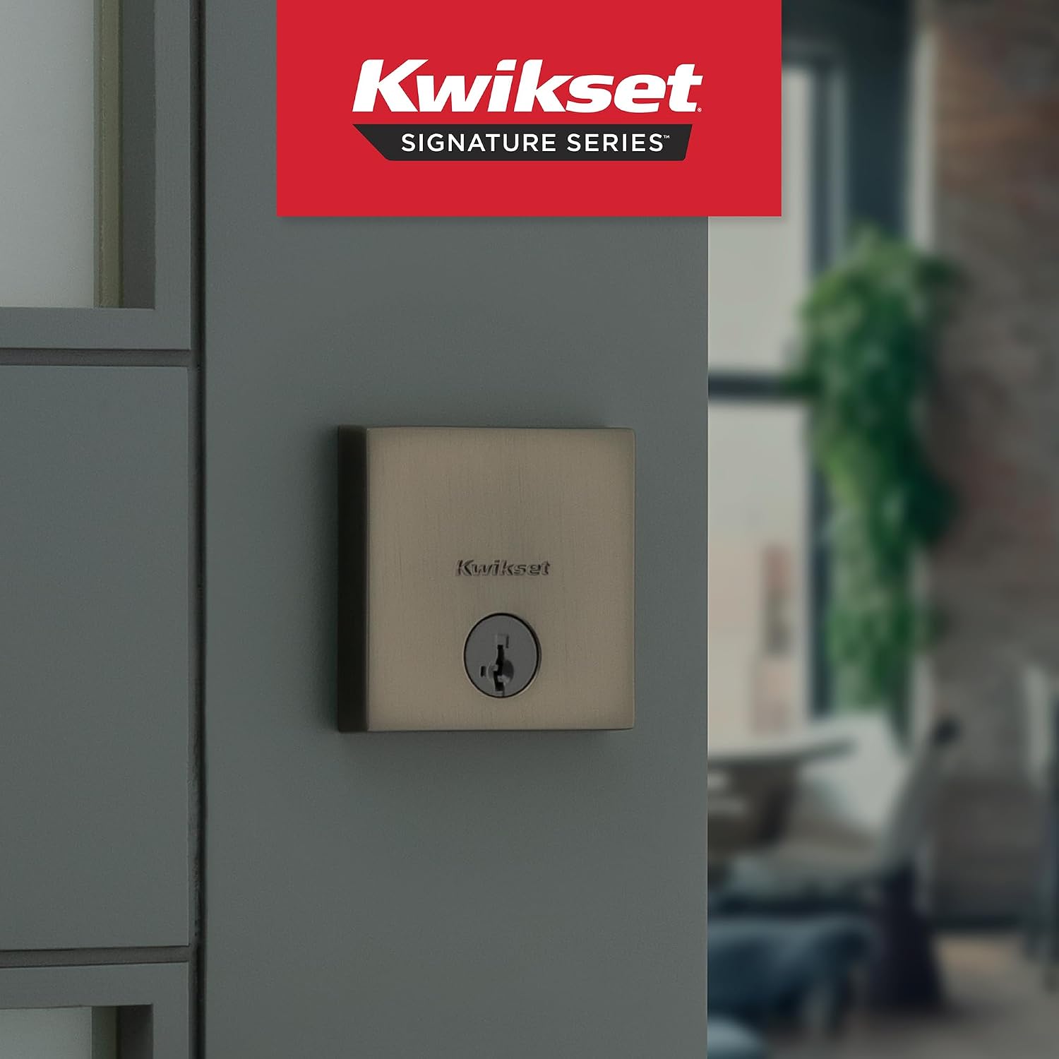 Kwikset 258 Low Profile Deadbolt Lock, Gunmetal Square Exterior Keyed Front Entry Door, Pick Resistant SmartKey Rekey Security, Single Cylinder Dead Bolt