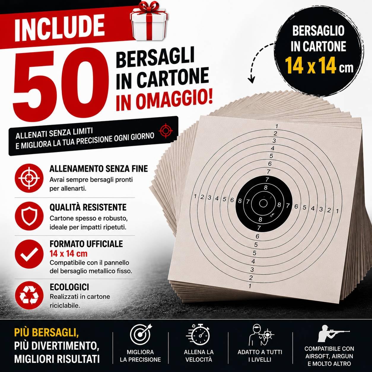 Bersaglio Metallico Mobile 8 Target Girevoli Pannello Fisso 14x14 cm Tiro Sportivo Aria Compressa Airsoft