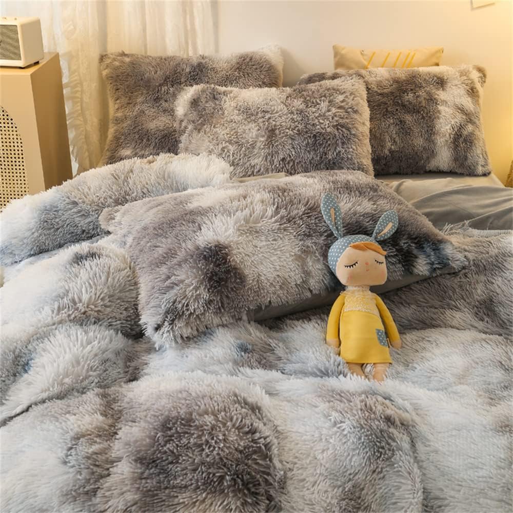 Faux Fur Plush Comforter Set Full Size - Grey White Fluffy Fuzzy Shaggy Bedding Set - 3PC Microfiber Soft Warm Quilt Set