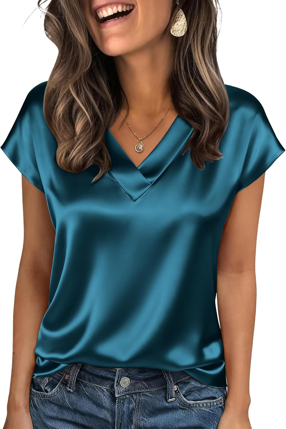 Zeagoo Women Silk Satin Tops Cap Short Sleeve Blouse V Neck Shirts Business Casual Outfits S-2XL