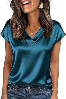 Women Silk Satin Tops Cap Short Sleeve Blouse V Neck Shirts Business Casual Outfits S-2XL