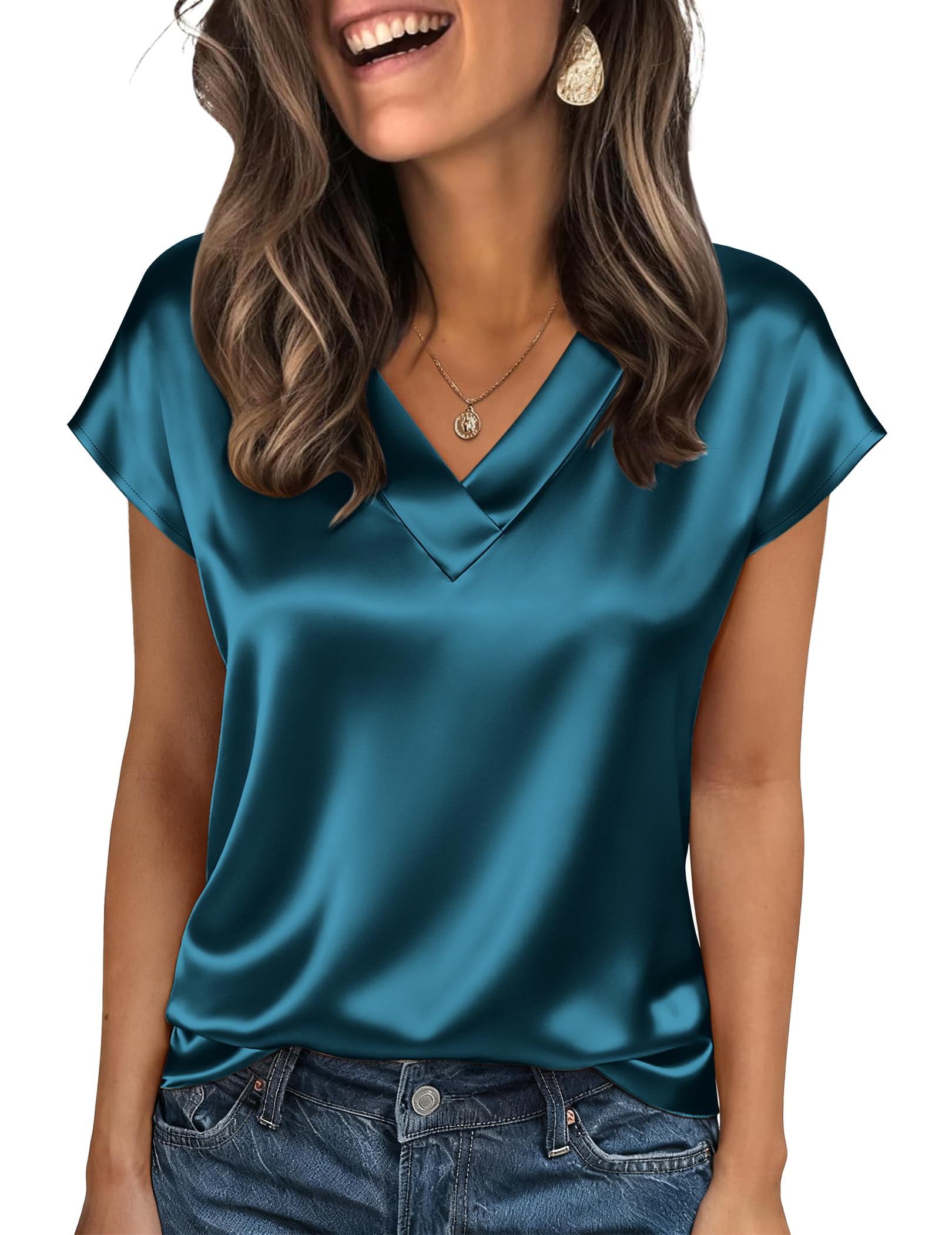 Zeagoo Blusa satén Mujer Manga Corta Cuello en V Seda Tops Elegantes Camisas de Negocios Blusa de Seda de Verano Silk Blouse Tshirt — view 12