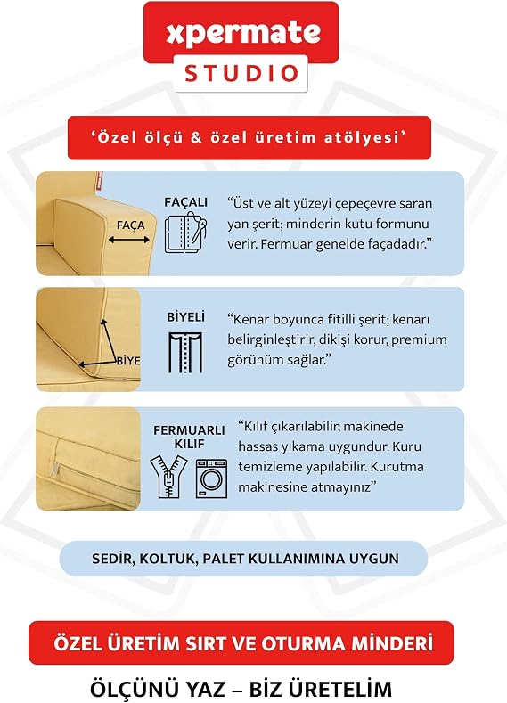 Xpermate Özel Ölçü Palet Minderi Bahçe İç Ve Dış Mekan Minder Koltuk Minder (Sarı)