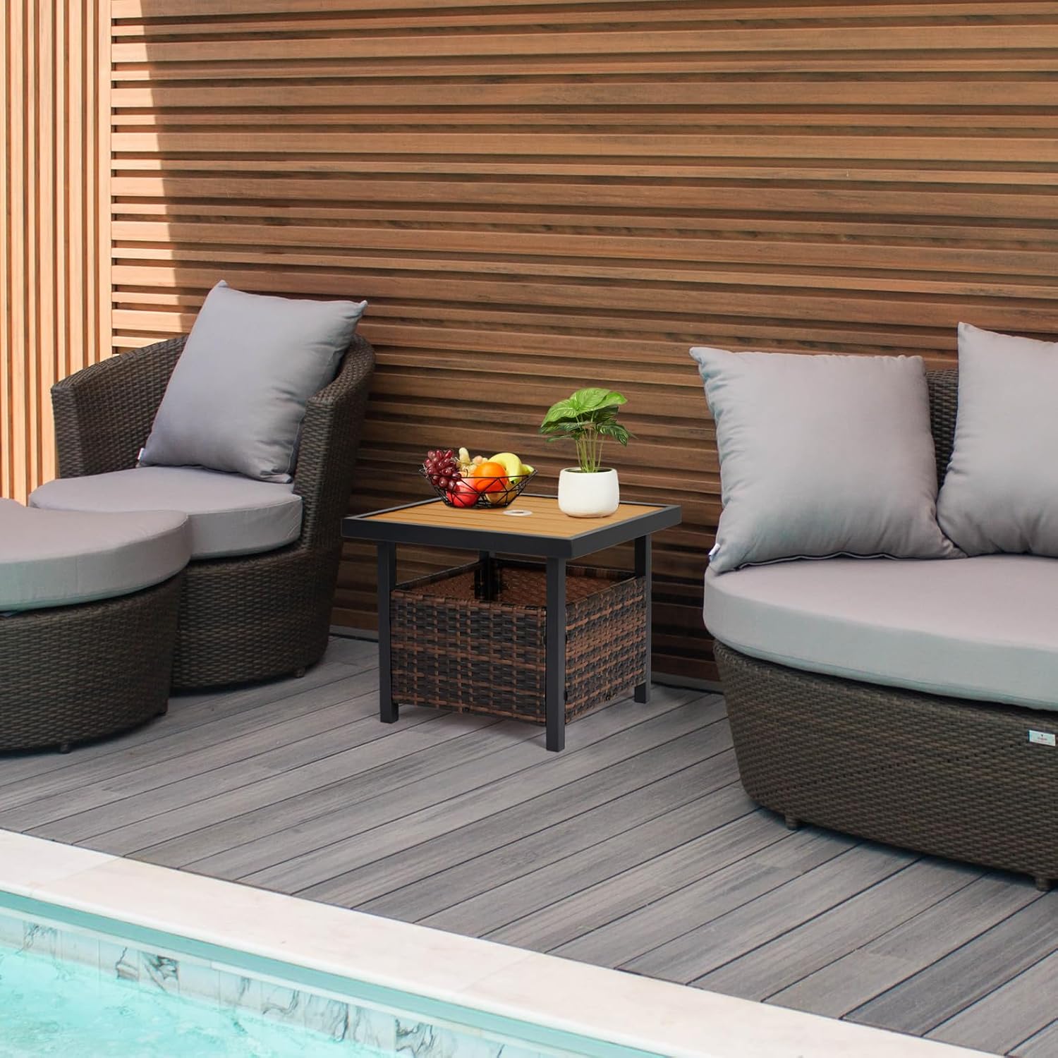 Generic Outdoor Wicker Side Table with Umbrella Hole & Storage Space, Square PE Rattan End Table for Patio Garden Poolside Deck, Brown