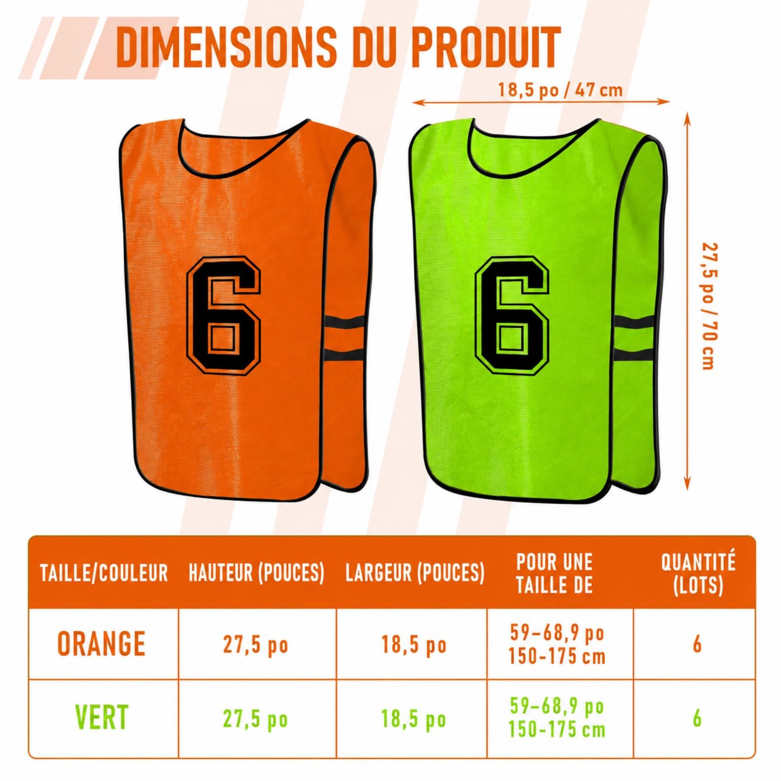 Chasubles de Football Adulte – Lot de 12 Gilets d’Entraînement Réversibles Numérotés pour Matchs et Sports d’Équipe – Maillots Respirants pour Foot, Basket, Volley – Vert/Orange