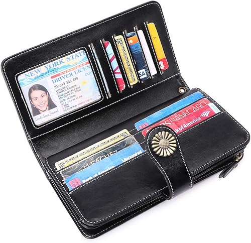 Miniatura 6 de Cartera de cuero genuino para mujer con correa, 24 ranuras para tarjetas, 2 compartimentos para tarjetas de identificación, ventanas para efectivo