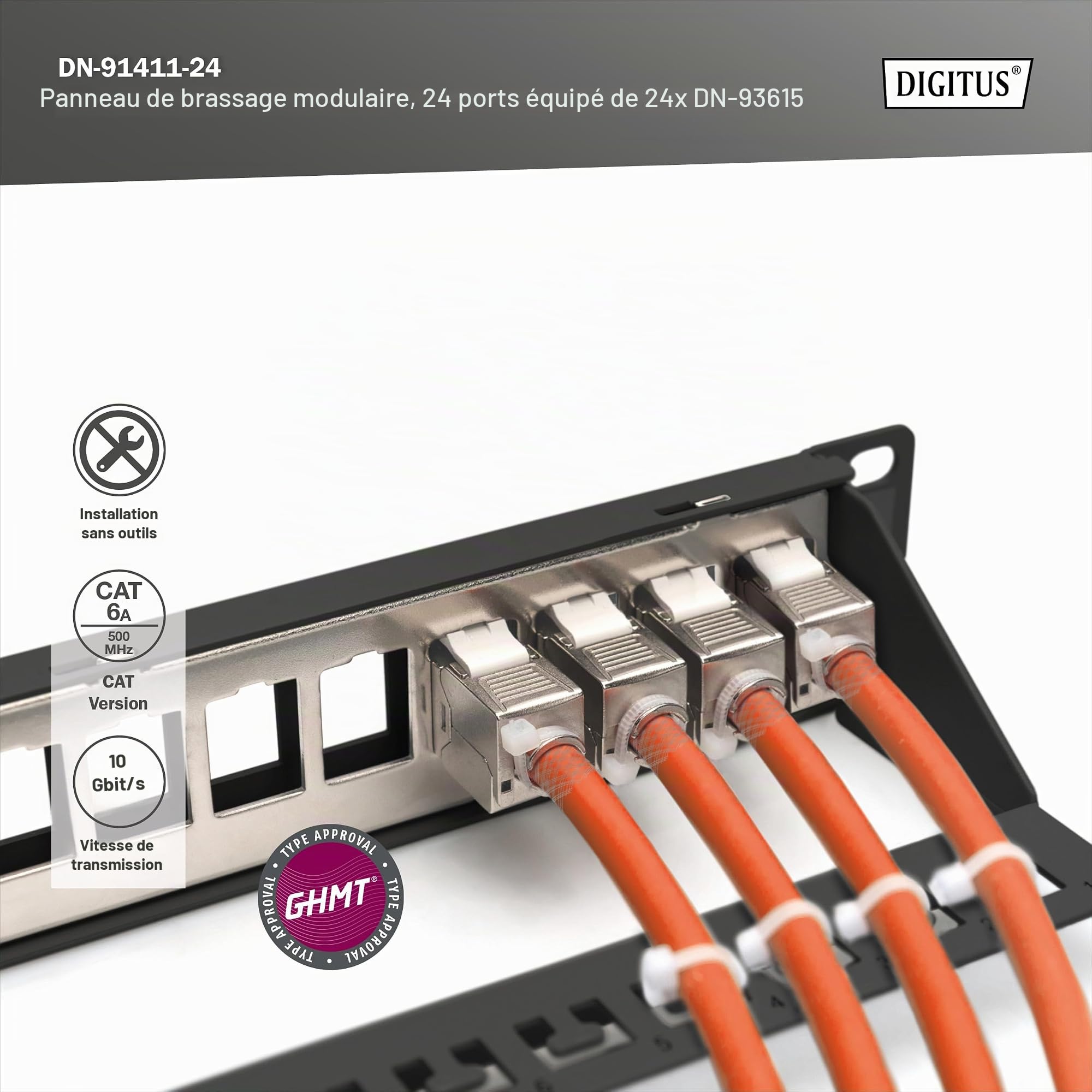 DIGITUS Kit de Panneau de Brassage – 24 modules Keystone Cat 6A | 19 pouces, 1U – 24x RJ45 – Patch Panel modulaire – 10 Gbit/s – Montage en rack dans une armoire réseau 19 pouces – Noir