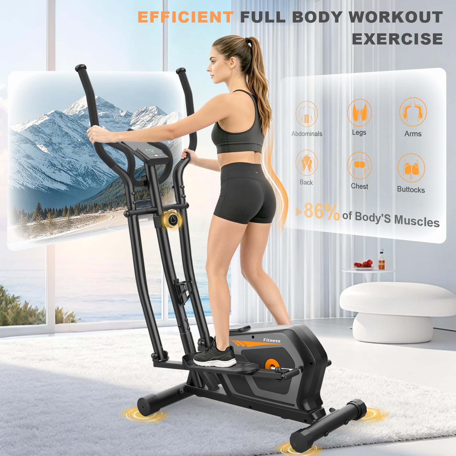 Bicicleta Elíptica para Casa Silenciosa con 16 Niveles de Resistencia, Sensor de Pulso, Monitor LCD y Soporte para Dispositivos, Bluetooth y App, Elíptica ultrasilenciosa para Uso doméstico