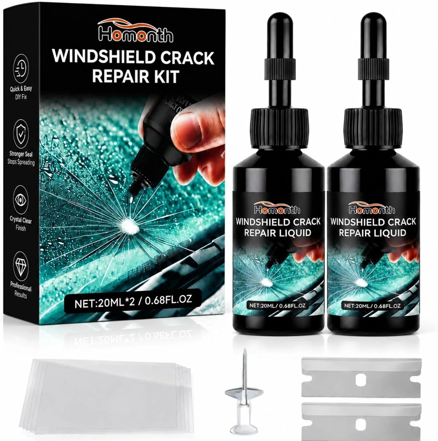 Windshield Chip Repair Kit, 2 Pack Nano Glass Repair Resin for Car Windshield Cracks, Quick Windshield Repair Kit for Bullseye, Star, Half-Moon, Combination Chips and Small Cracks