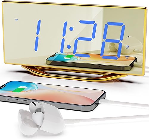 Reloj despertador digital con pantalla grande para adultos y adolescentes que duermen pesadamente, relojes de espejo dorado de 8.7 pulgadas para