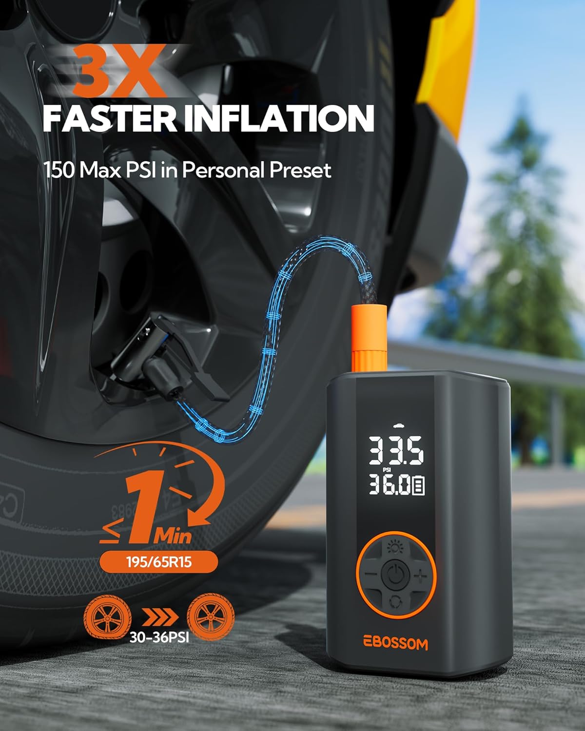EBOSSOM Tire Inflator Portable Air Compressor, 150 PSI Portable Air Pump for Cars-Mini Cordless Bike Pump with Pressure Gauge,Electric Tire Inflator with LED Light for Car Motorcycle Bikes Balls