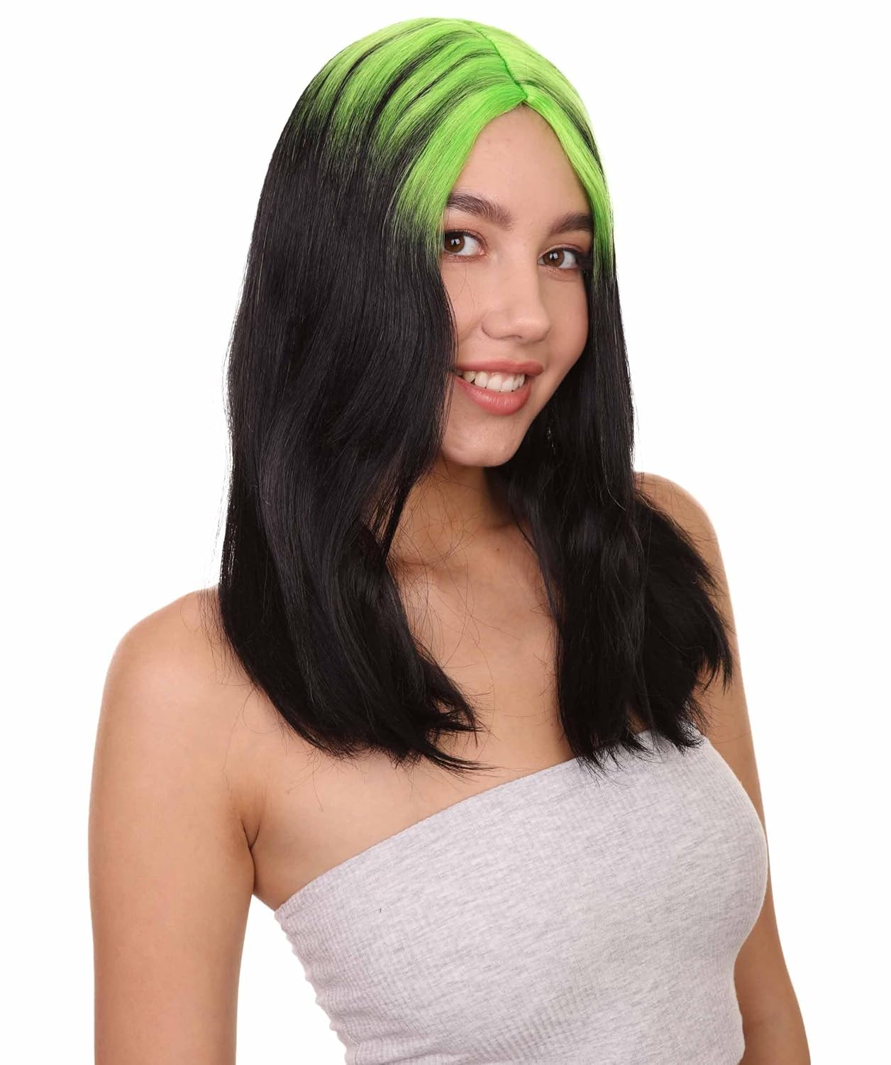 Women's Edgy Black Mullet Wig with Neon Green Roots – 19'' Retro 70s 80s Popstar Cosplay Hair – Choppy Bangs Halloween Party Costume Wig