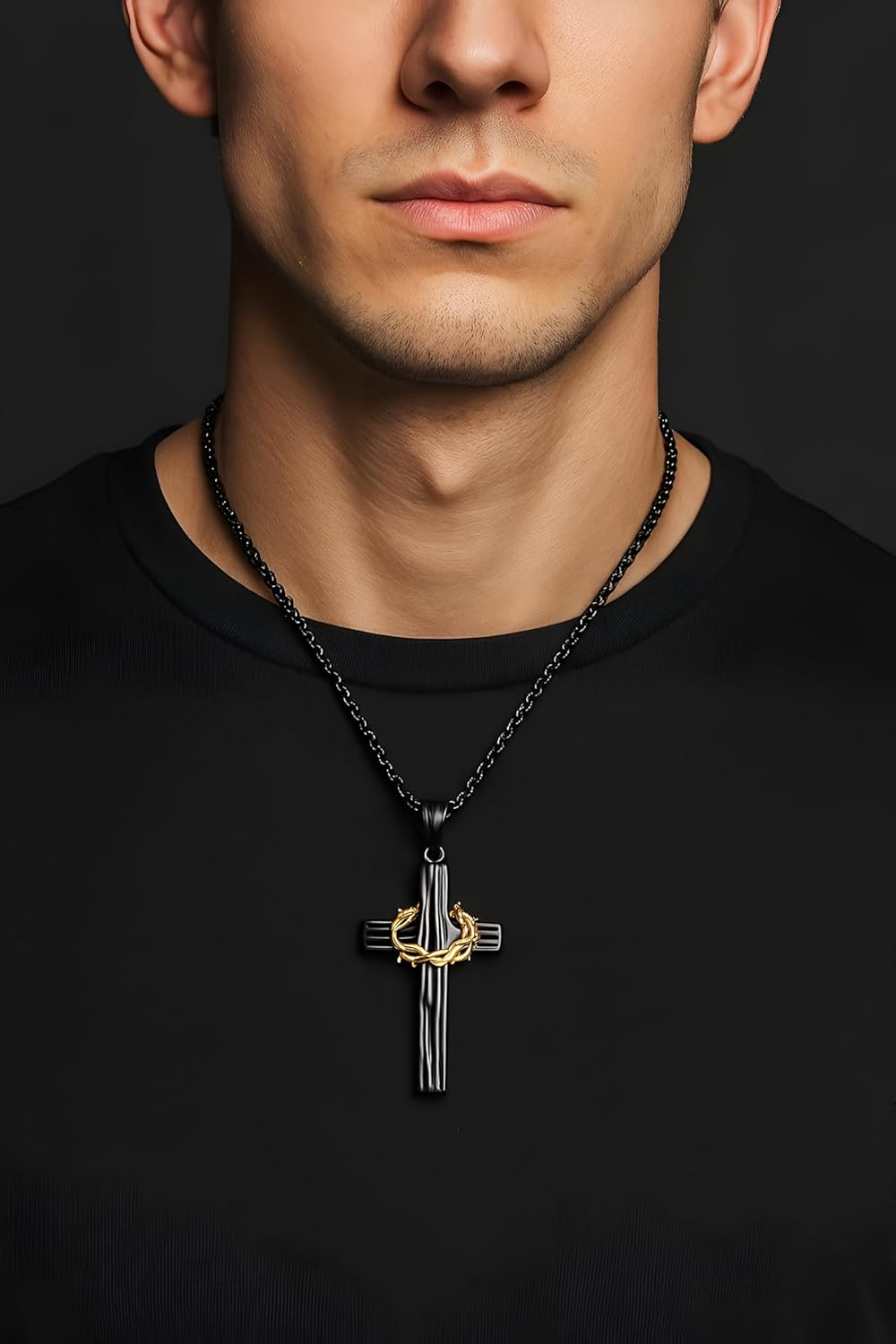 LUSSO 925 Sterling Silver Crown Cross Necklace For Men - Retro Crucifix Of Thorns Pendant, Jesus Christ Cross Chain With Diadem, Faith Cross Jewelry, Vintage Cross Necklace For Women - Image 3