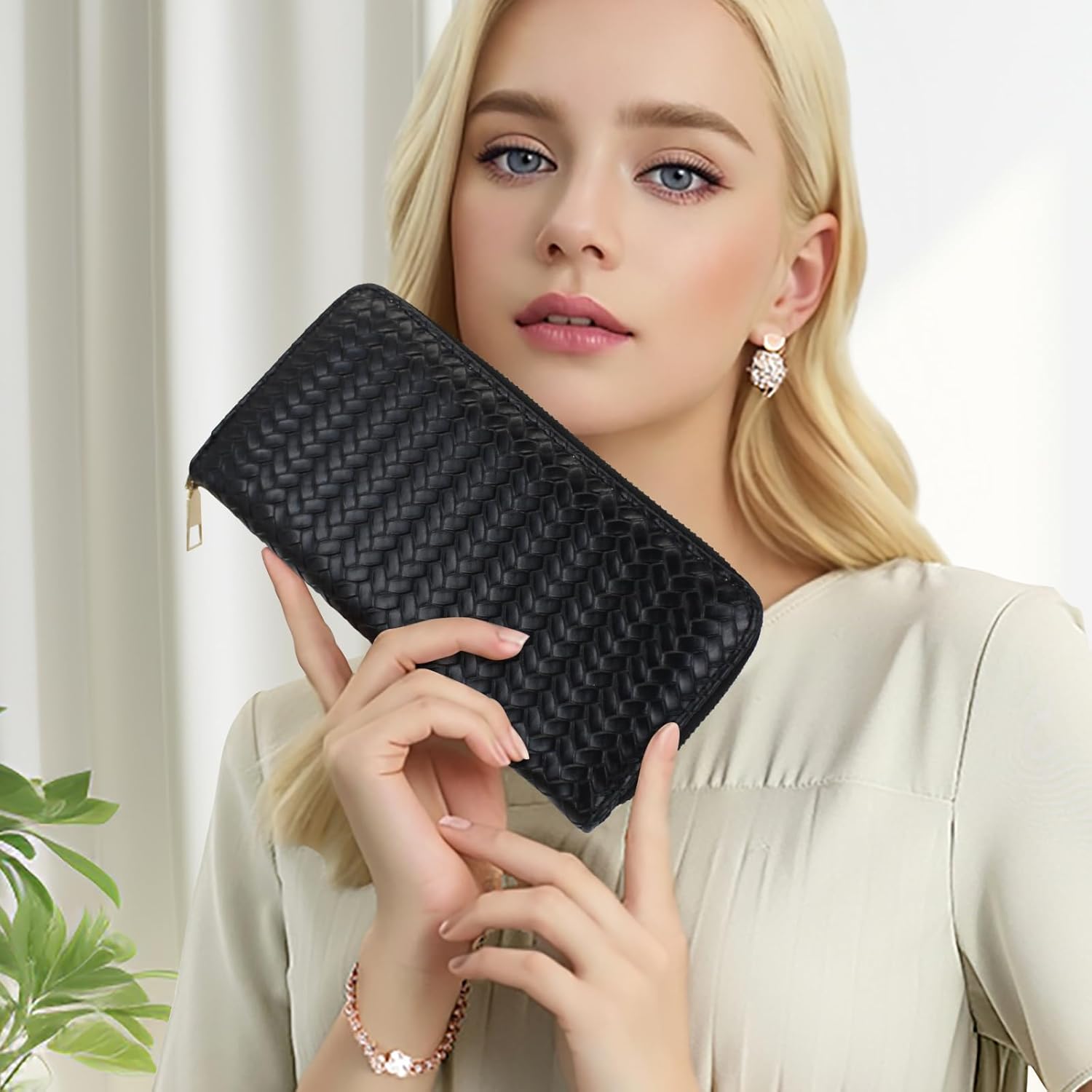 Women’s Wallet, PU Leather Weave Card Holder Ladies Large Capacity Clutch Purse with ID Window and Zipper Pocket (Black) - Image 5
