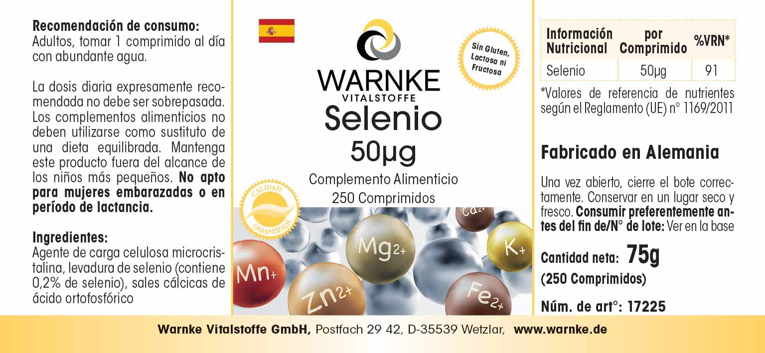 Selenio 50 mcg - 250 compresse - Antiossidante | Warnke Vitalstoffe - Qualità da farmacia tedesca