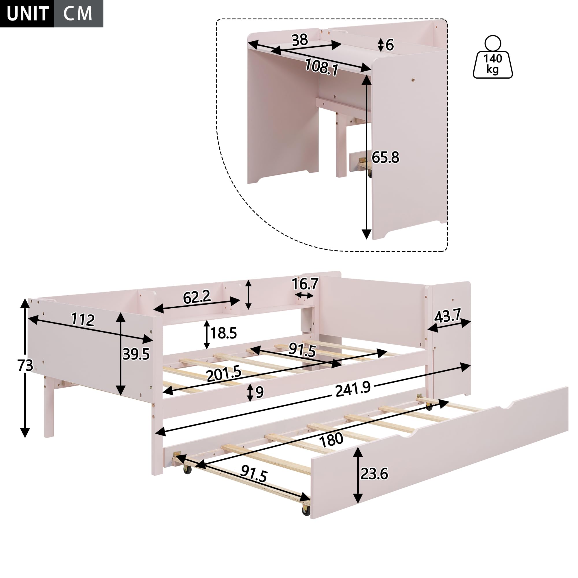 Cama individual de 90 x 200 cm, cama plana de madera, con cama extraíble, con escritorio, tres estantes en el lateral de la cama (rosa)