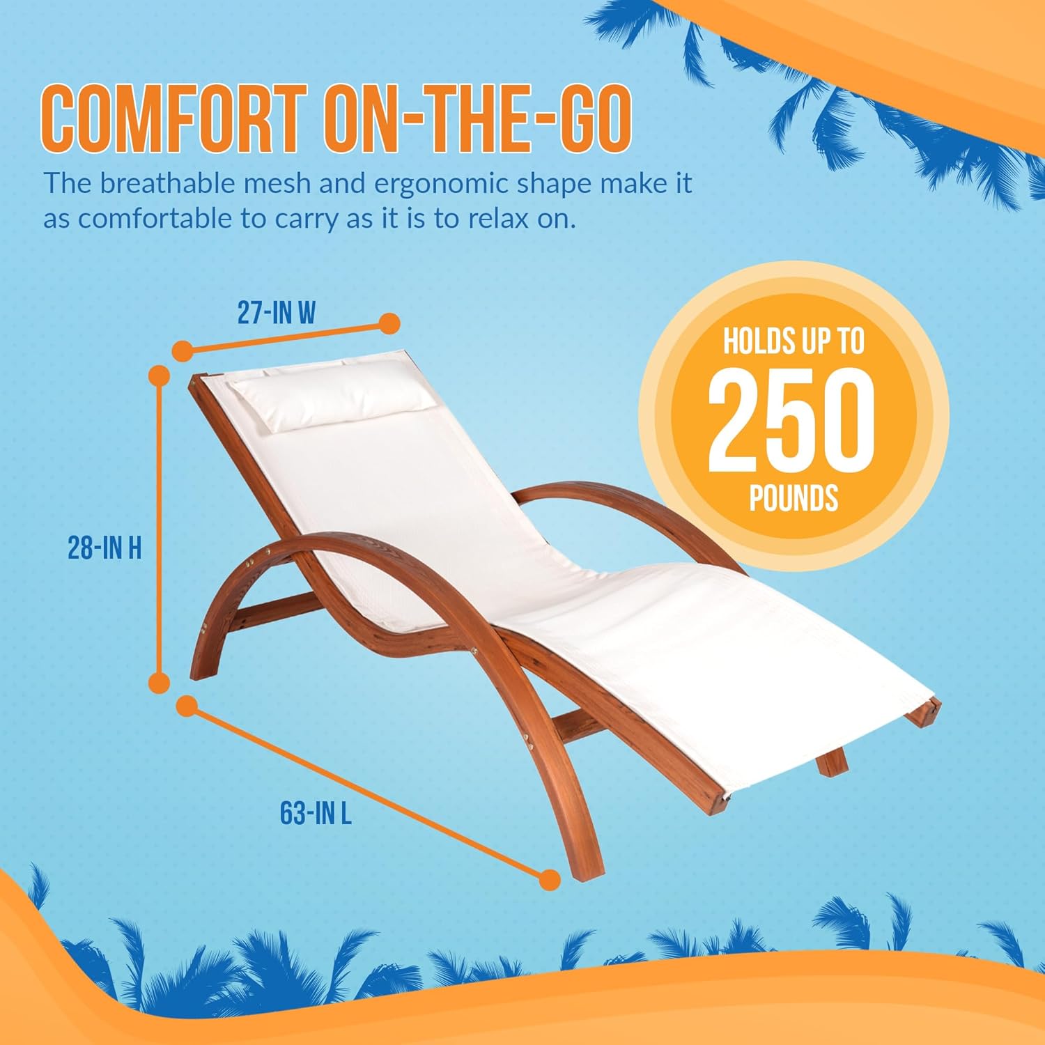 Island Retreat Bentwood Breeze Luxury Chaise Lounger – Pool Lounge Chair with Weatherproof Wood Frame, Breathable Fabric & Pillow – Deck, Patio, Poolside or Outdoor Furniture, Teak & White