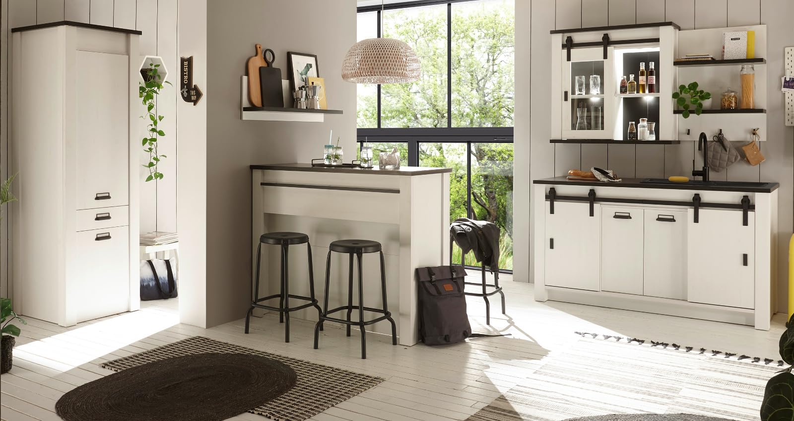 Küche mit Theke komplett Set in weiß Pinie und schwarz/anthrazit Küchenschrank 6 teilig komplette Küche im Industrial Design Stove (Set 1)