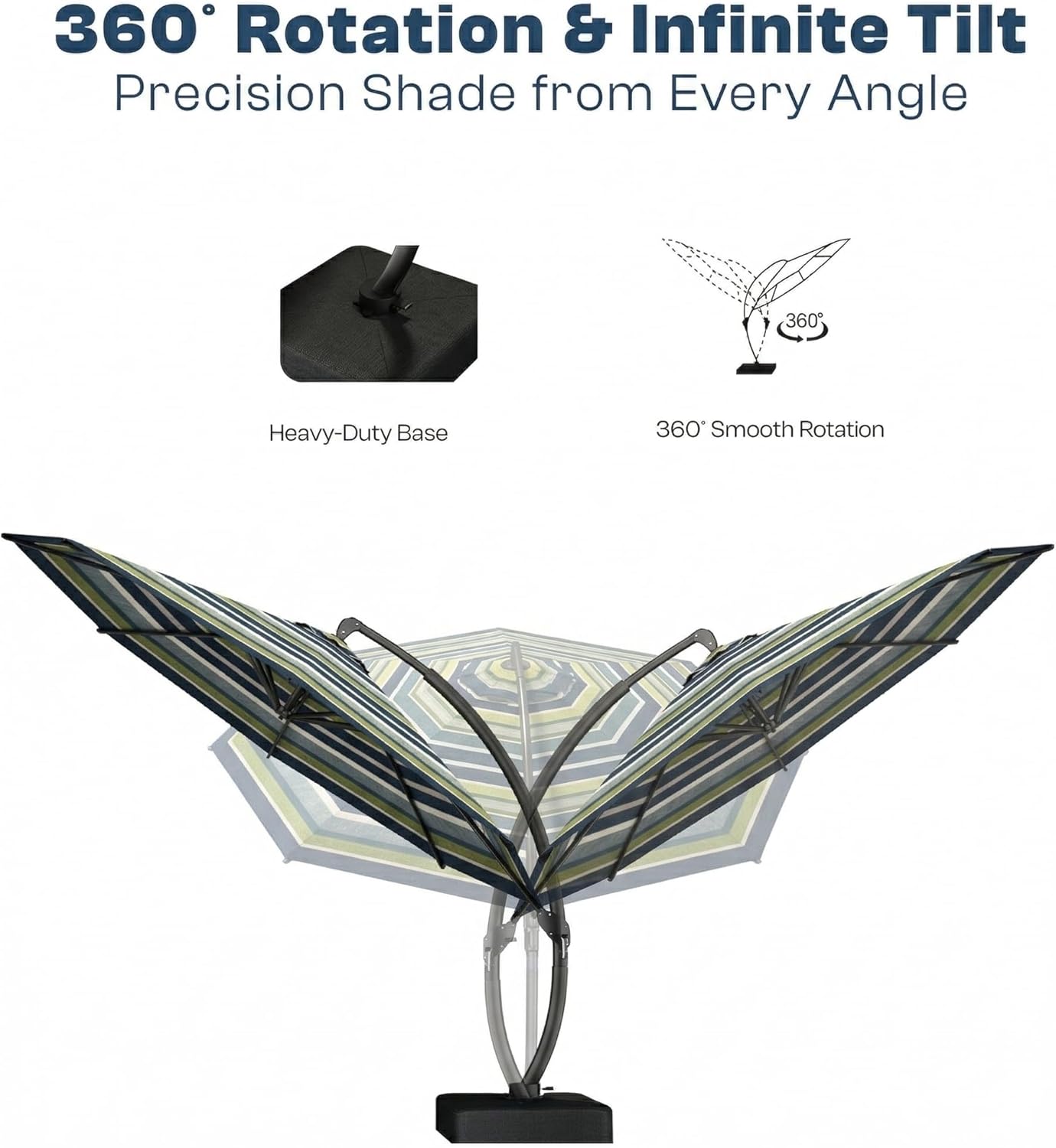 11FT Cantilever Umbrella with Base Included, Large Round 360° Rotation Offset Umbrella Outdoor Patio, Heavy Duty Aluminum Frame, Sand-Weighted Stand, for Deck, Backyard, Pool, Garden (Green Stripe)