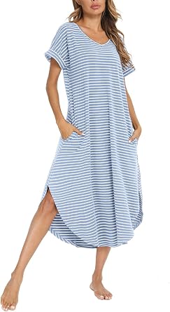 AVIIER Cotton Nightgowns for Women Short Sleeve House Dress Long Night Gown with Pockets S-XXL