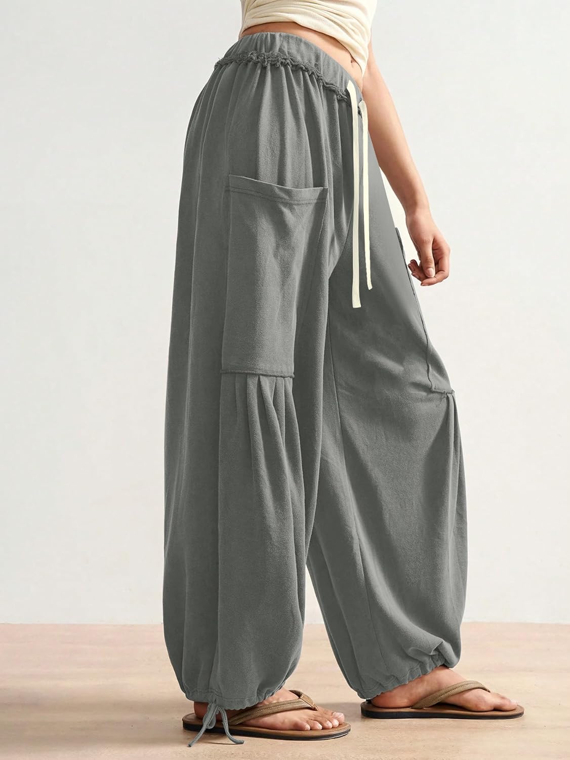 ZAFUL Boho Casual Pants for Women Baggy Pant Ruched Flowy Bottom Elastic Drawstring Waist Trouser with Pockets - Image 6