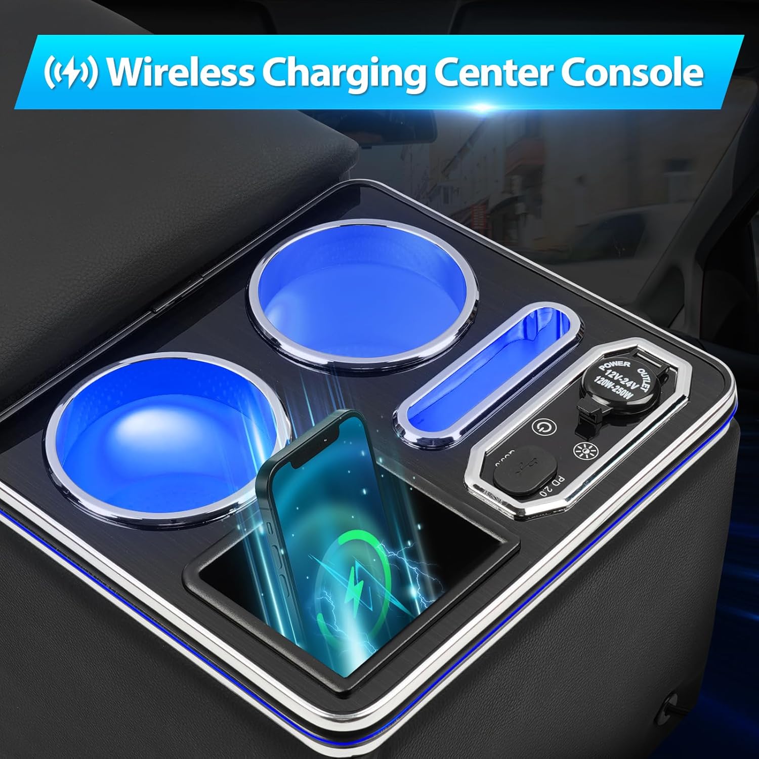Center Console, Wireless Charging Center Console Organizer, Dual Cup Holders & 7-Color LED Mood Lighting – Back Bench Seat Storage Box for Car, Minivan Van Truck