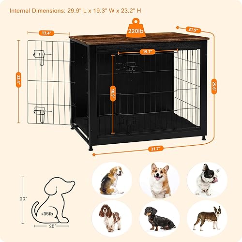 Vista 11 de DWANTON Mueble de jaula para perros con cojín, caja de madera para perros con puertas dobles, muebles para perros, perrera de interior, mesa Negro