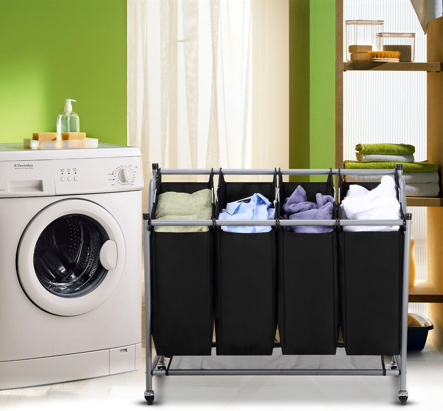 Laundry Sorter Cart 4-Bag Classics Rolling Laundry Hamper, Sturdy Frame with 60KG Weight Capacity, Black