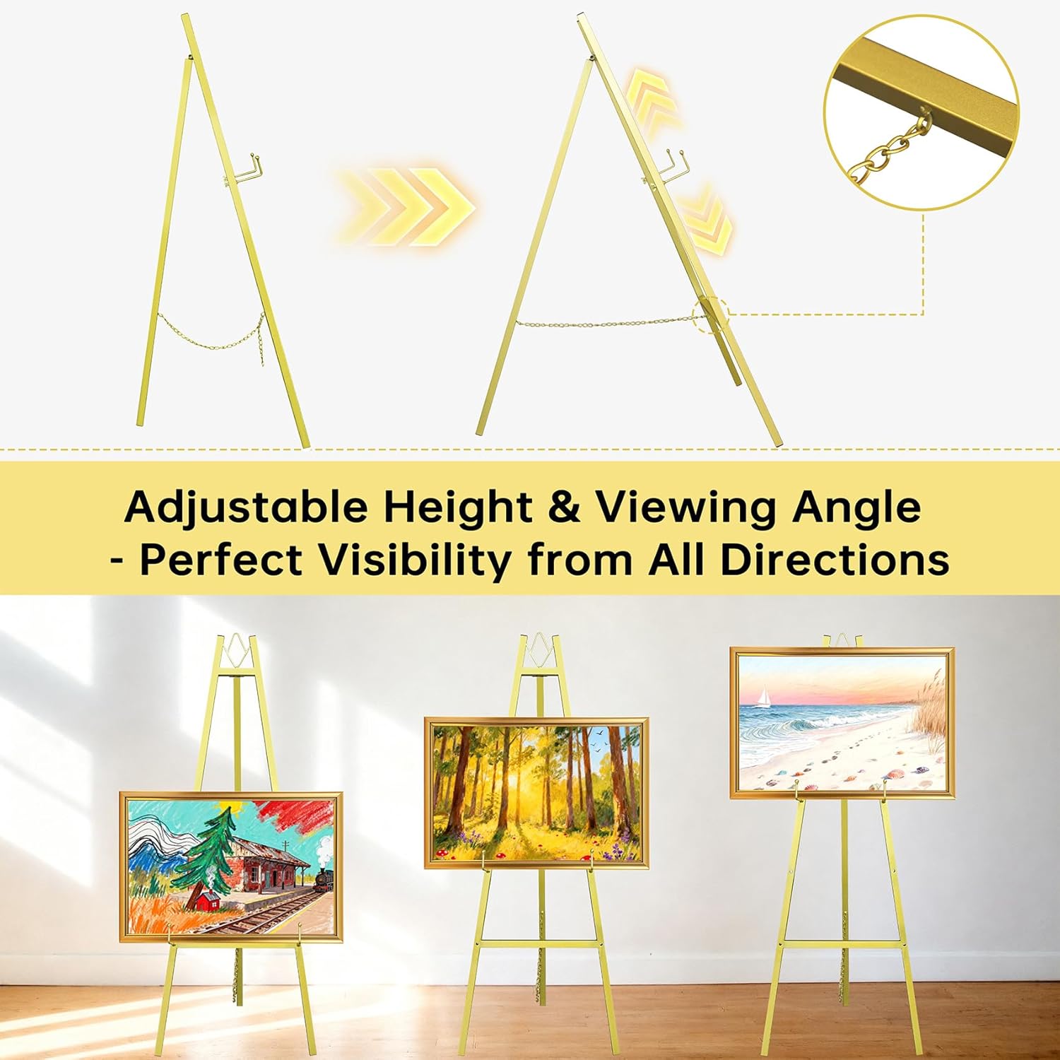 Gold Easel Stand for Wedding Signs,No Assembly Needed-46.7' Heavy Duty Adjustable Wedding Easel with Tool-Free Knobs&Adjustable Chains, Fits Welcome Signs, Posters, Paintings, Events & Art Displays